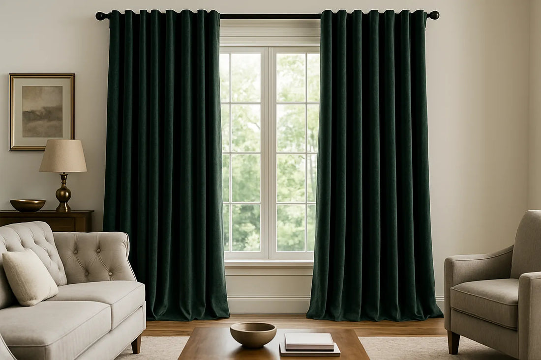Elegant living room with deep green velvet drapes framing a large window, paired with neutral furniture and warm wood tones