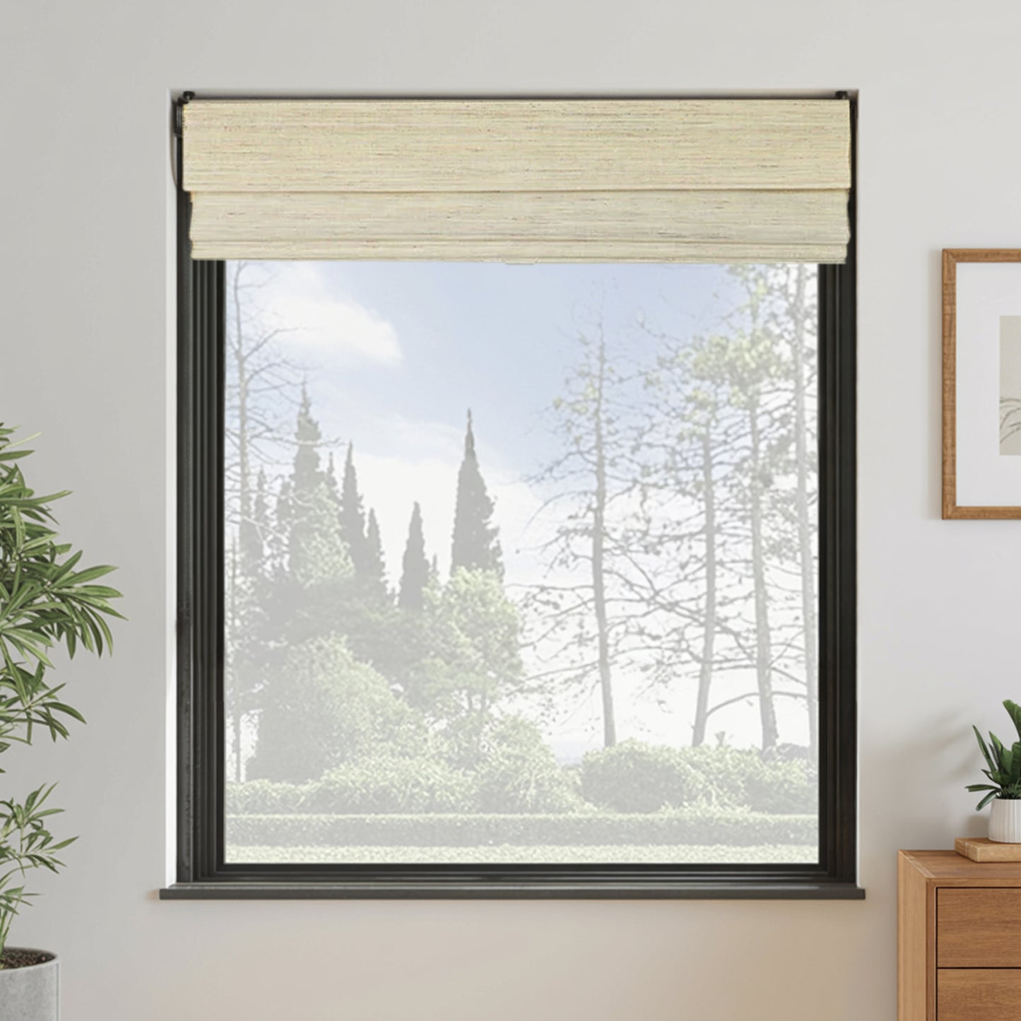Window with beige roman blind, view of trees outside, plant and dresser on either side.
